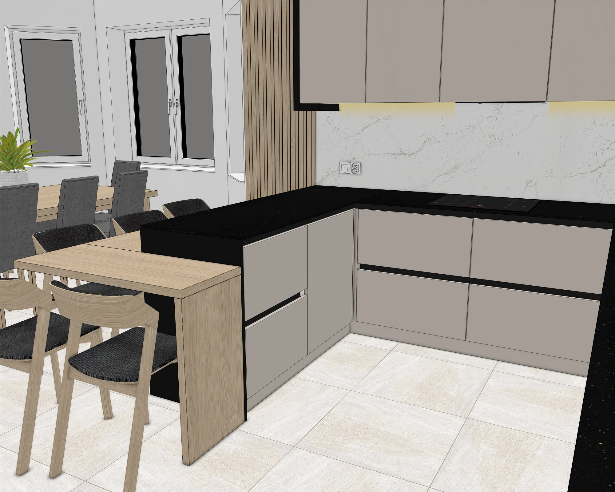 Projekt designerskiej lady zespolonej z półwyspem kuchennym