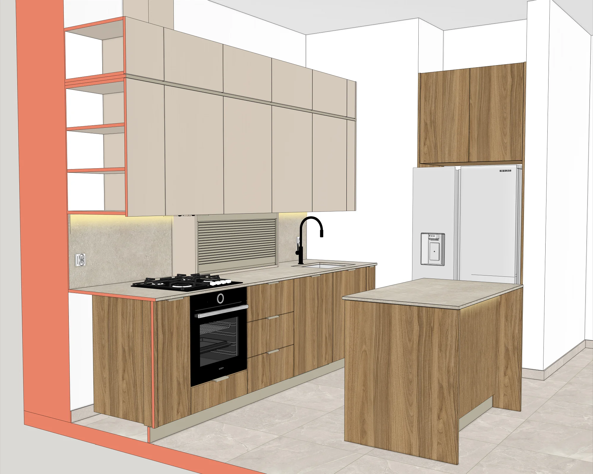 Projekt kuchni z drewnem D5430 Caracalla Naturale i 7045 Satin